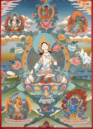 White Tara Thangka Art | Traditional Buddhist Wall Hanging Painting